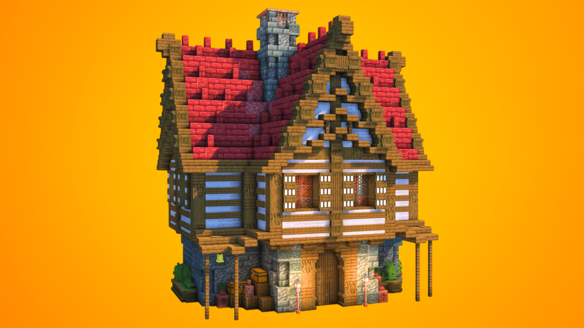 Medieval Cinnabar Roof House | Fully Furnished Interior — Minecraft Build by RaekonBuilds