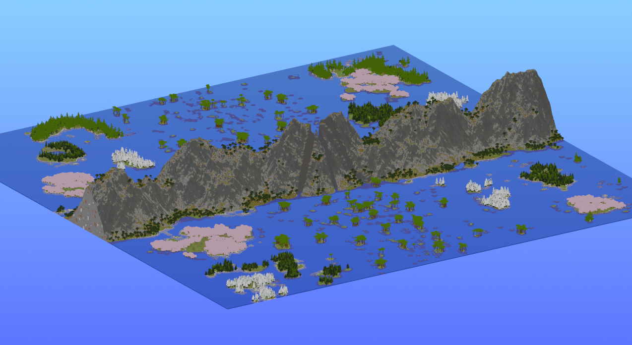 Survival Multibiome One Piece Inspired 2000x2000 Blocks Custom Map, Red Line, Grand Line, North Blue, West Blue, South Blue, East Blue, Mountains, Cherry, Jungle, Bamboo, Spruce, Taiga, Snowy Taiga, Forest, Jagged Peaks