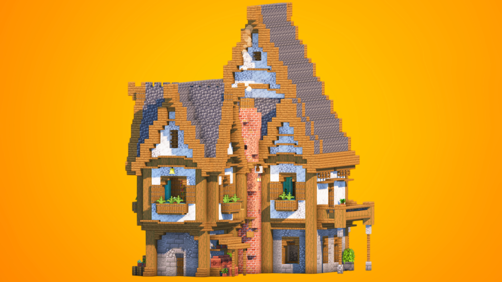 Tall Fantasy Medieval House with Chimney & Balcony | Fully Furnished — Minecraft Build by RaekonBuilds
