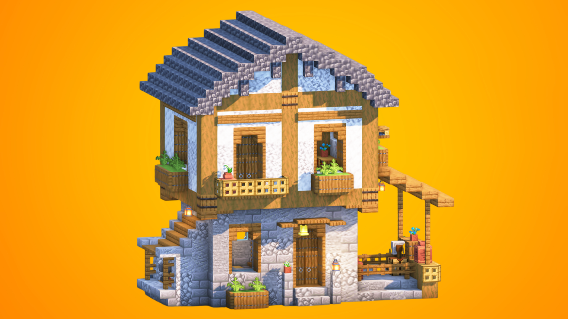 Compact Medieval House with Balcony & Side Porch | Fully Furnished — Minecraft Build by RaekonBuilds