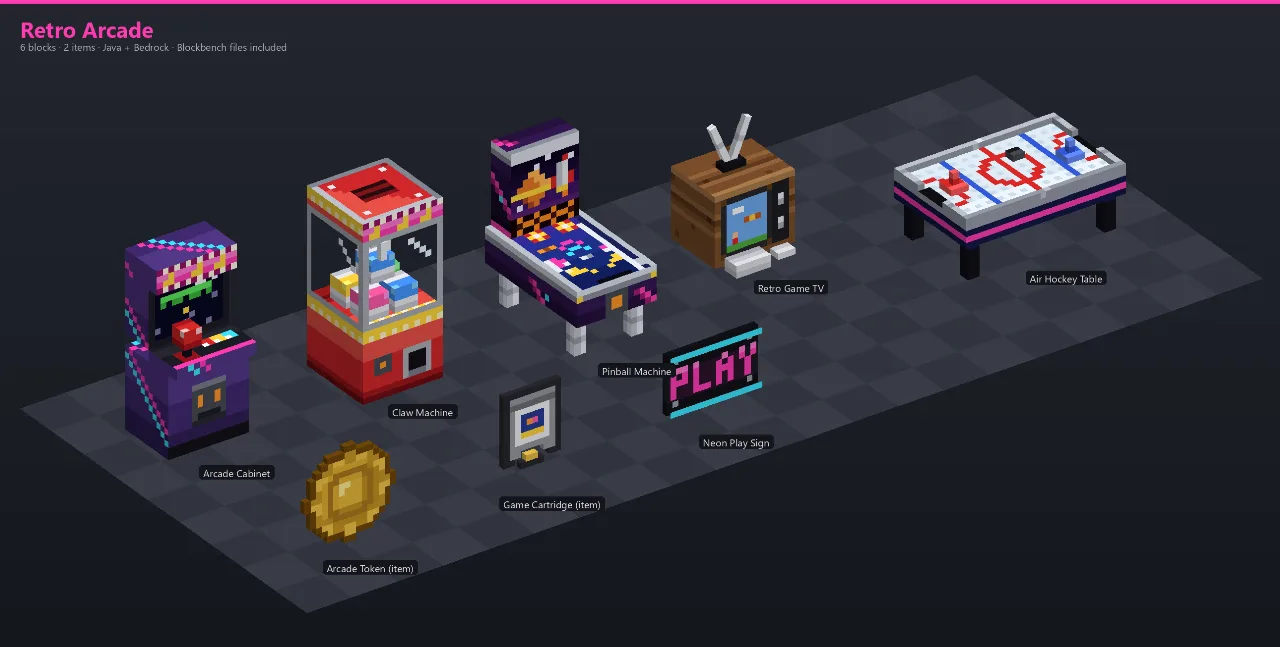 Retro Arcade Asset Download [Java + Bedrock + Blockbench] — Minecraft Resource Pack by ScorpionTeam
